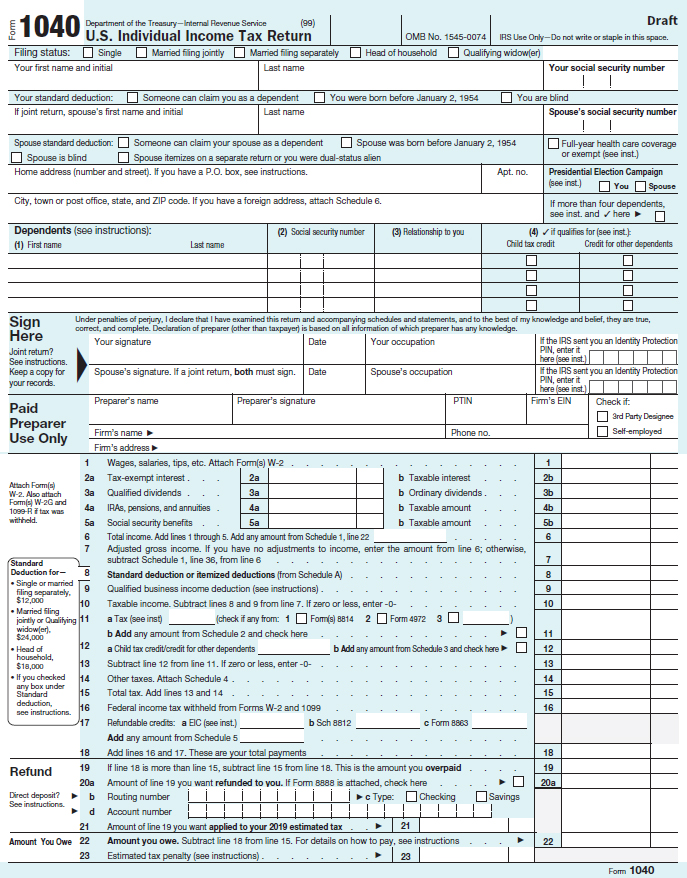 a standard ten forty form from the U.S. Government; includes personal information, signature spaces, and a worksheet for tax preparation