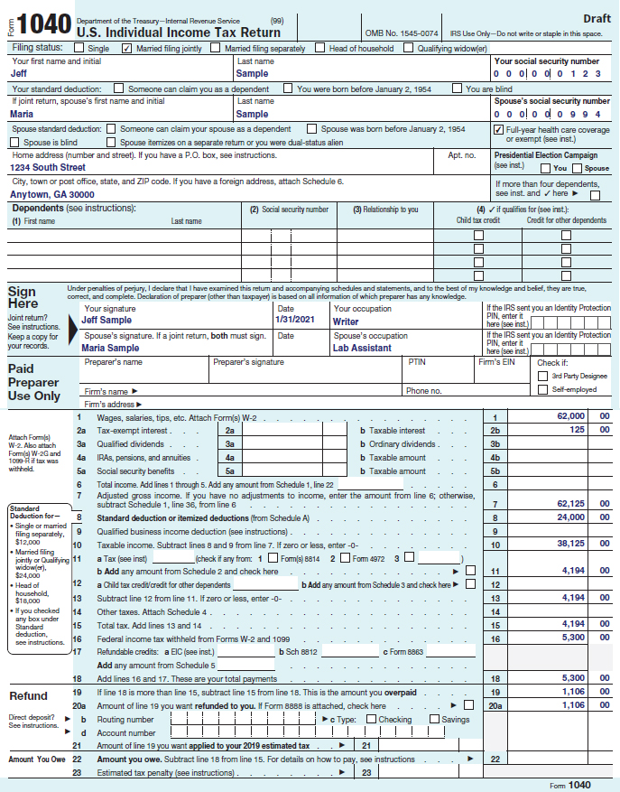 a completed ten forty form for Jeff and Maria Sample; combined wages, salary, and tips are sixty-two thousand dollars and taxable income is about thirty-eight thousand dollars