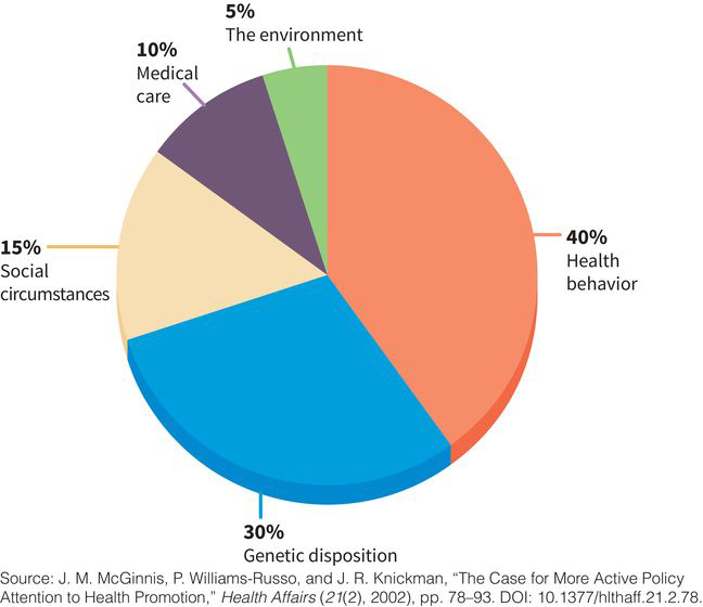 a pie chart with five sectors: (sector one) 40 percent health behavior, (sector two) 30 percent genetic disposition, (sector three) fifteen percent social circumstances, (sector four) ten percent medical care, (sector five) five percent the environment