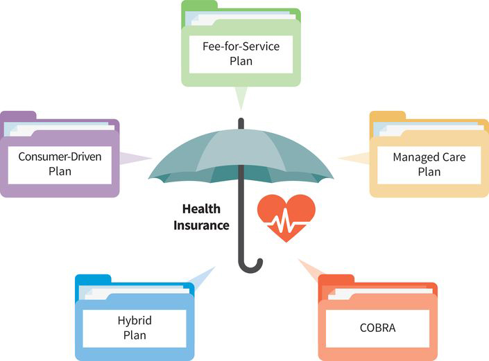 an infographic with an umbrella in the center that reads health insurance; five folders are emerging from the umbrella: (folder one) fee-for-service plan, (folder two) managed care plan, (folder three) cobra, (folder four) hybrid plan, (folder five) consumer-driven plan