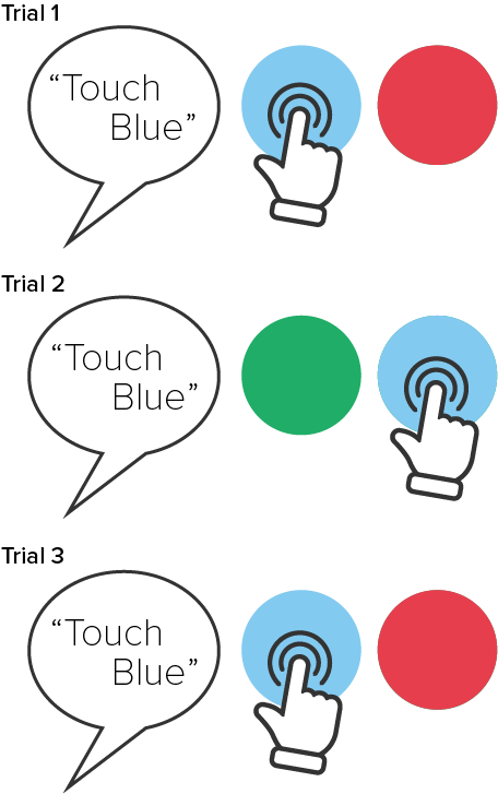 Step 3: Touch Blue (with red and green distractors)