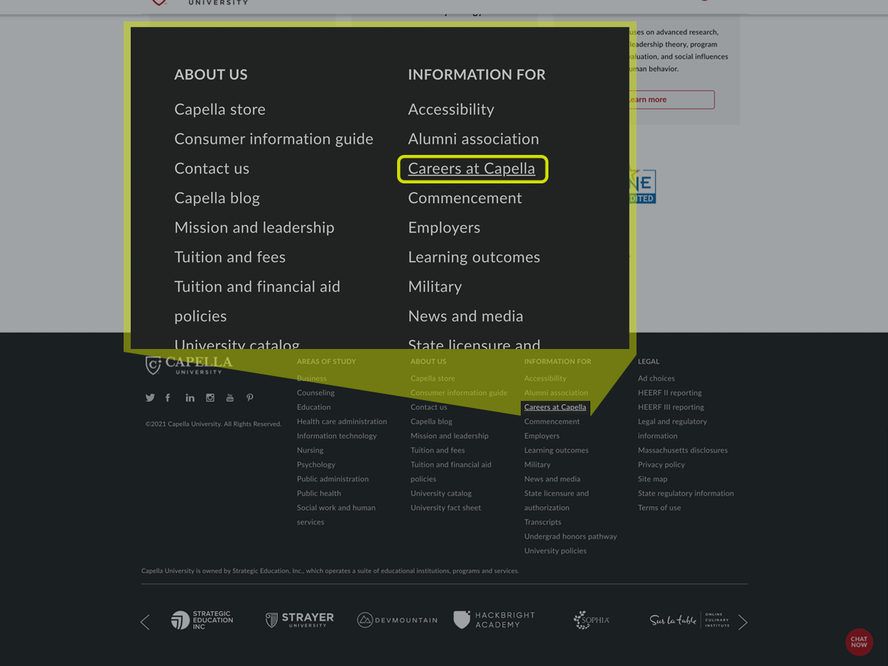 a link to various careers found at the bottom of a company's web page