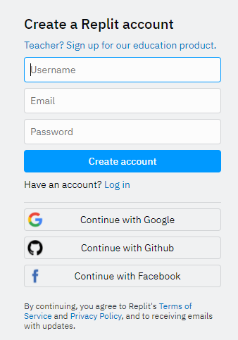 Screenshot of the Create A Replit account login screen.
