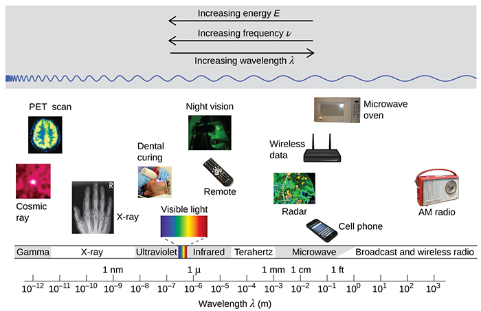 Examples of electromagnetic radiation are arranged along the electromagnetic spectrum. The wavelengths of the electromagnetic spectrum vary from 1 x 10-12 to 1 x 103 meters. Gamma has the highest energy and frequency but the shortest wavelength. In order, the rest of the electromagnetic radiation (in decreasing energy and frequency but longer wavelength) are X-ray, ultraviolet, visible (violet, blue, green, yellow, orange, red), terahertz, microwaves, broadcast, and wireless radio. Examples of radiation include cosmic and PET scan (gamma), dental curing (ultraviolet), night vision and remote (infrared), cell phones, radar, wireless data and microwave ovens (microwave), and AM radio (wireless radio).