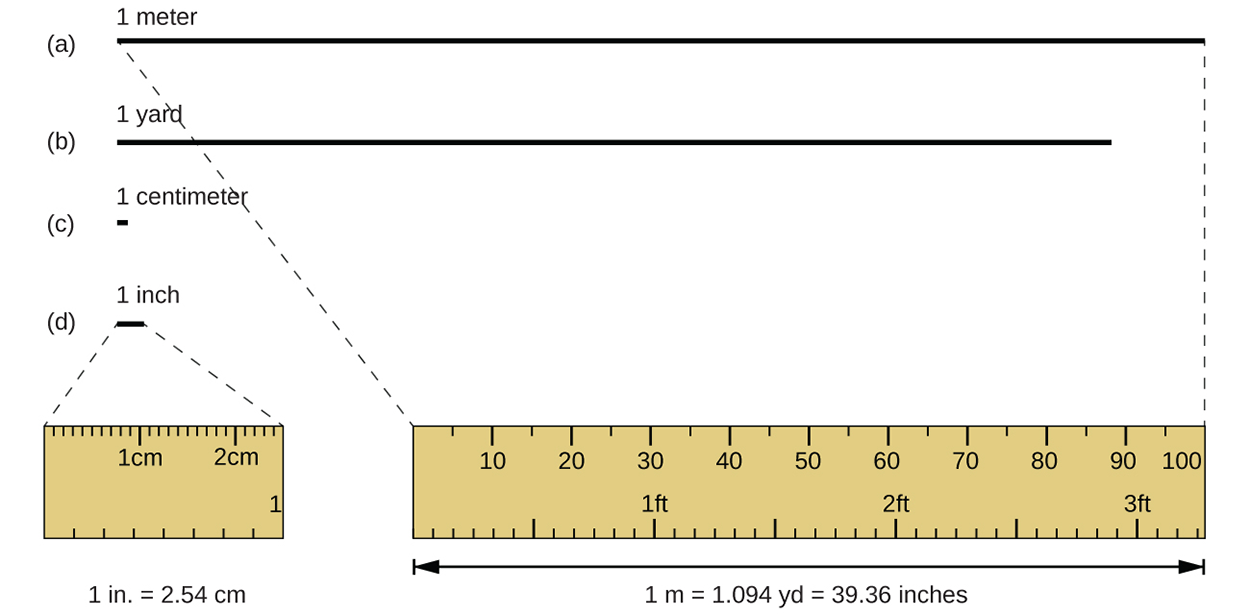 A line shows the relative length of a meter, yard, centimeter and inch. A ruler is used to show that a meter is equal to 1.094 yards or 39.36 inches and an inch is equal to 2.54 cm.