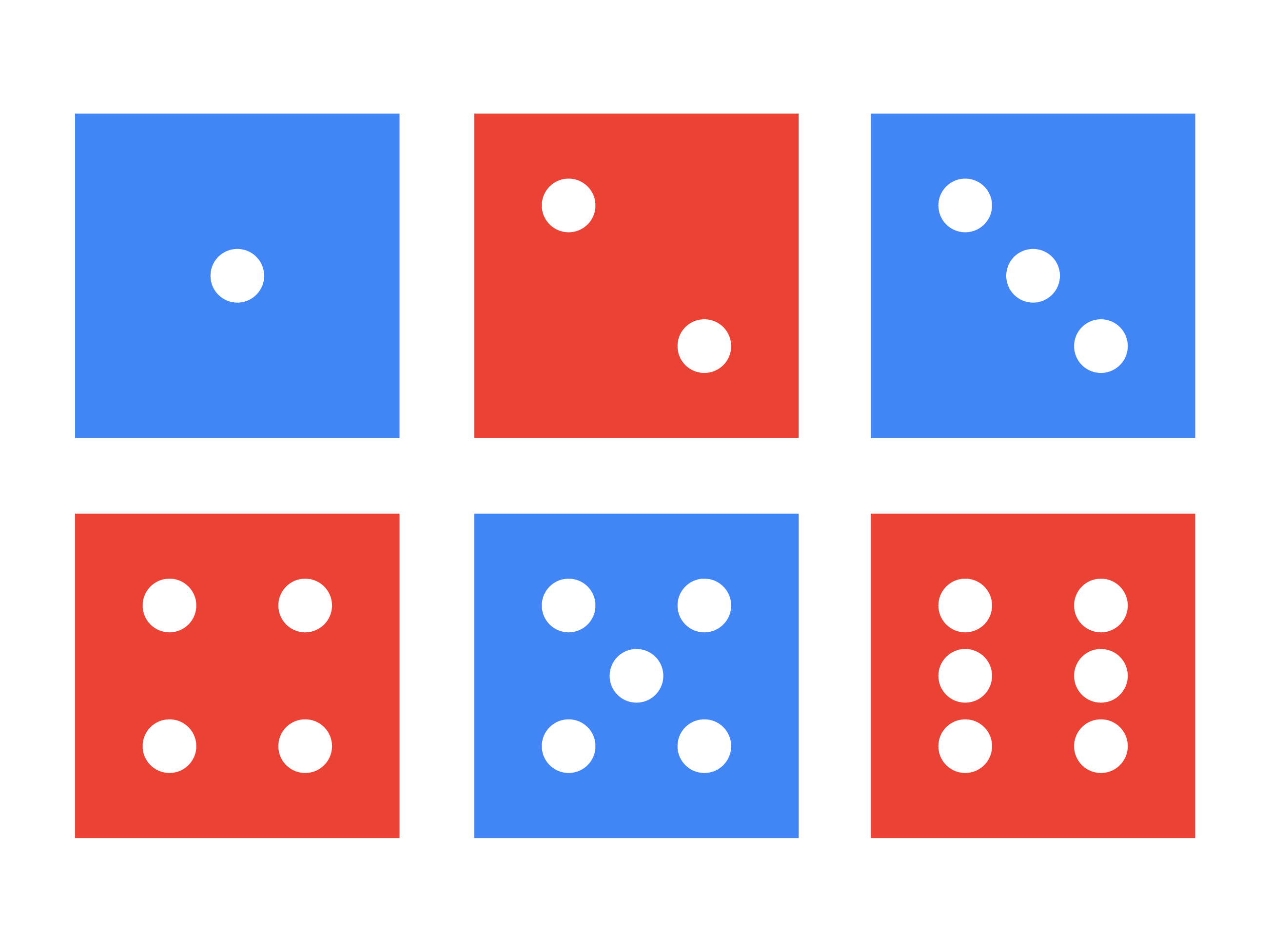 Six squares depicting the six different faces of a die are arranged in two rows with three squares in each row. The faces consist of dots representing numbers from 1 to 6. The first, second, and third squares in the first row have one, two, and three dots, respectively, while the fourth, fifth, and sixth squares in the second row have four, five, and six dots, respectively.