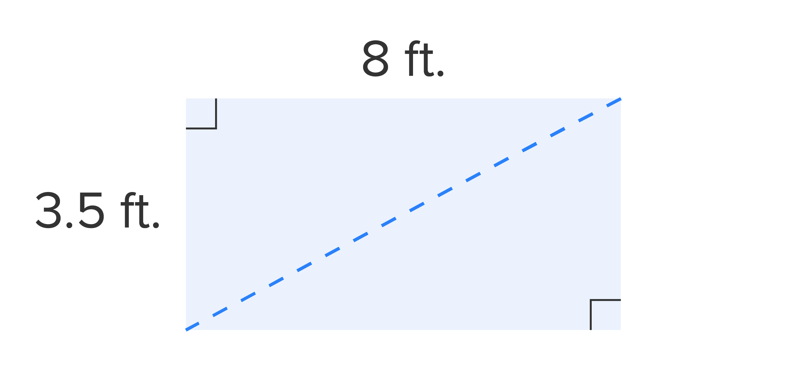 A dotted line runs diagonally across a rectangle, connecting two opposite corners and dividing the rectangle into two congruent triangles. Each of the two remaining opposite corners of the rectangle contains a square. The length of the triangles is labeled ‘8 ft’ and the width is labeled ‘3.5 ft’.