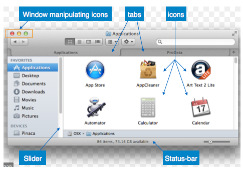 a graphical user interface showing icons, tabs, sliders, and status bars