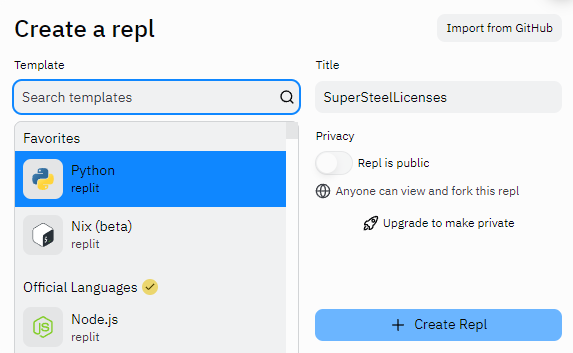 Screenshot of the create a repl window.