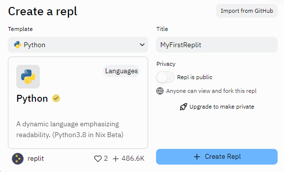 Screenshot of the Repli.it create a repl window with chosen project name in the Title field.