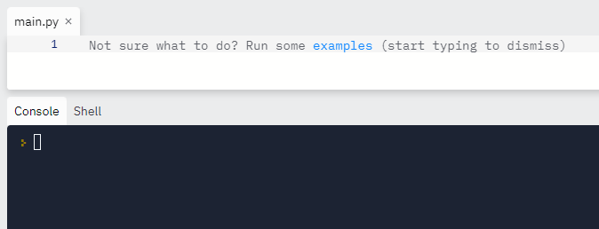 Screenshot of the Replit IDE code editor pane above the output sandbox pane.