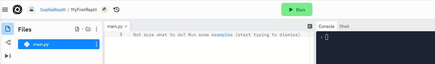 Screenshot of the Replit IDE application.  The three panels; menu bar, menu pane, and output sandbox are visible.