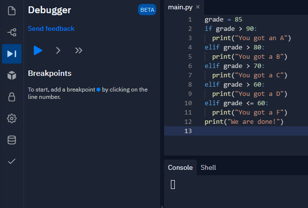 The Replit Debugger side menu tool.