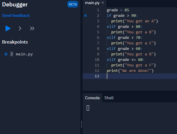 The Replit Editor screen showing a breakpoint.
