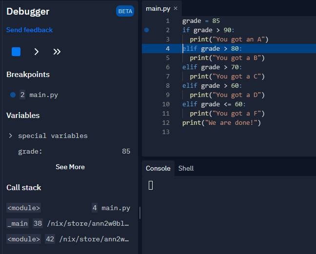 The Replit editor screen with debugger stopping on line 4.