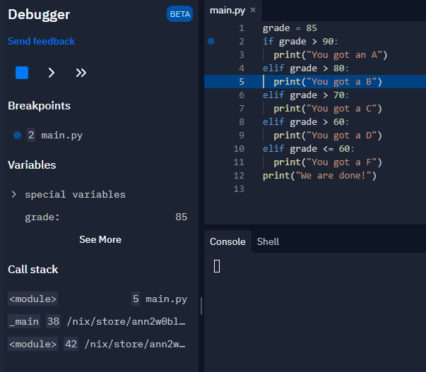 The Replit editor screen with debugger stopping on line 5.