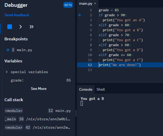 The Replit editor screen with debugger stopping on line 12.