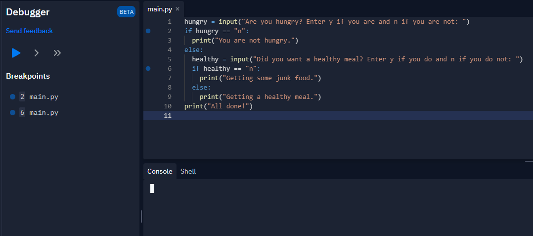 The Replit editor screen with two breakpoints on lines 2 and 6.