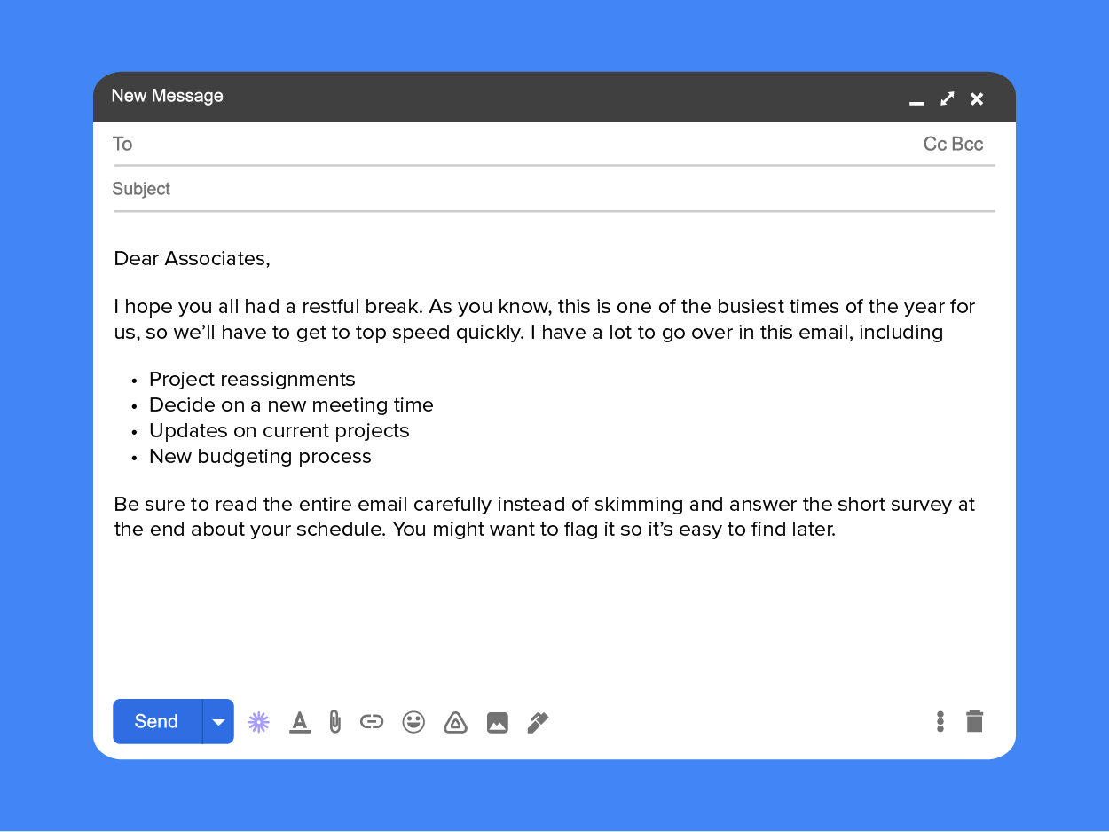 Shows an email being drafted. Text appears below the image. Dear Associates, <br />