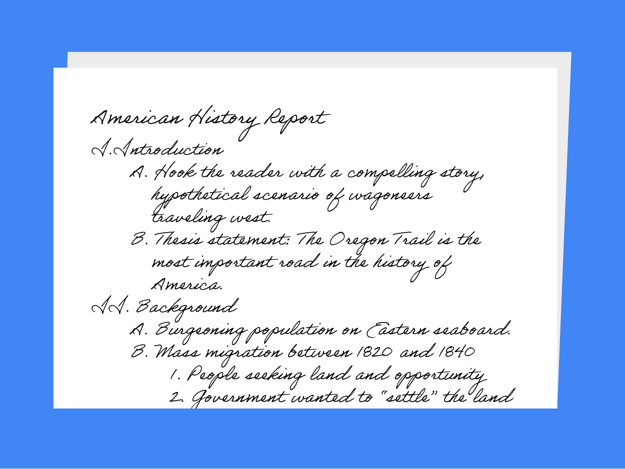 Handwritten formal outline for a history report showing roman numerals (I,II) for top-level headings, capital letters (A, B) for second-level headings, and numbers (1, 2) for third-level headings. Each level is indented further so the structure of the document is easy to scan.