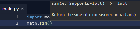 The code editor pane with math.sin() function popup hint window.