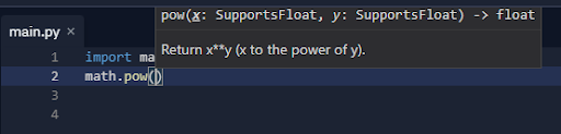The code editor pane with math.pow() function popup hint window.