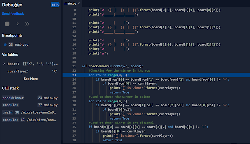 The code editor panel with the program stopped at the breakpoint.