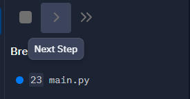The debugger panel with the Next Button being utilized.