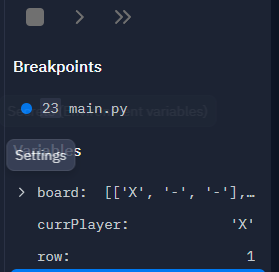 The debugger panel with variables changing as the code progresses.