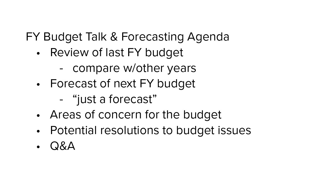 A wordy and crowded presentation slide of a meeting agenda.