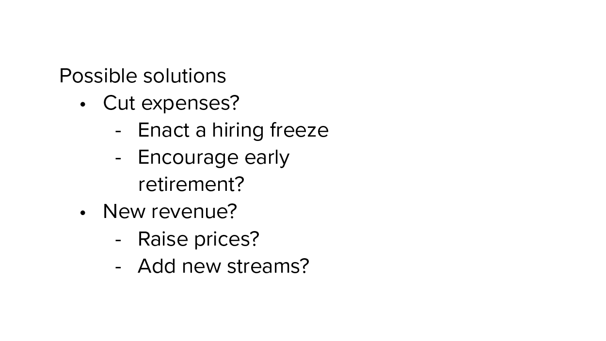 A slide showing the same information in more consistent format, phrasing every point as a question. It is easier to understand and lends itself more to an open discussion.