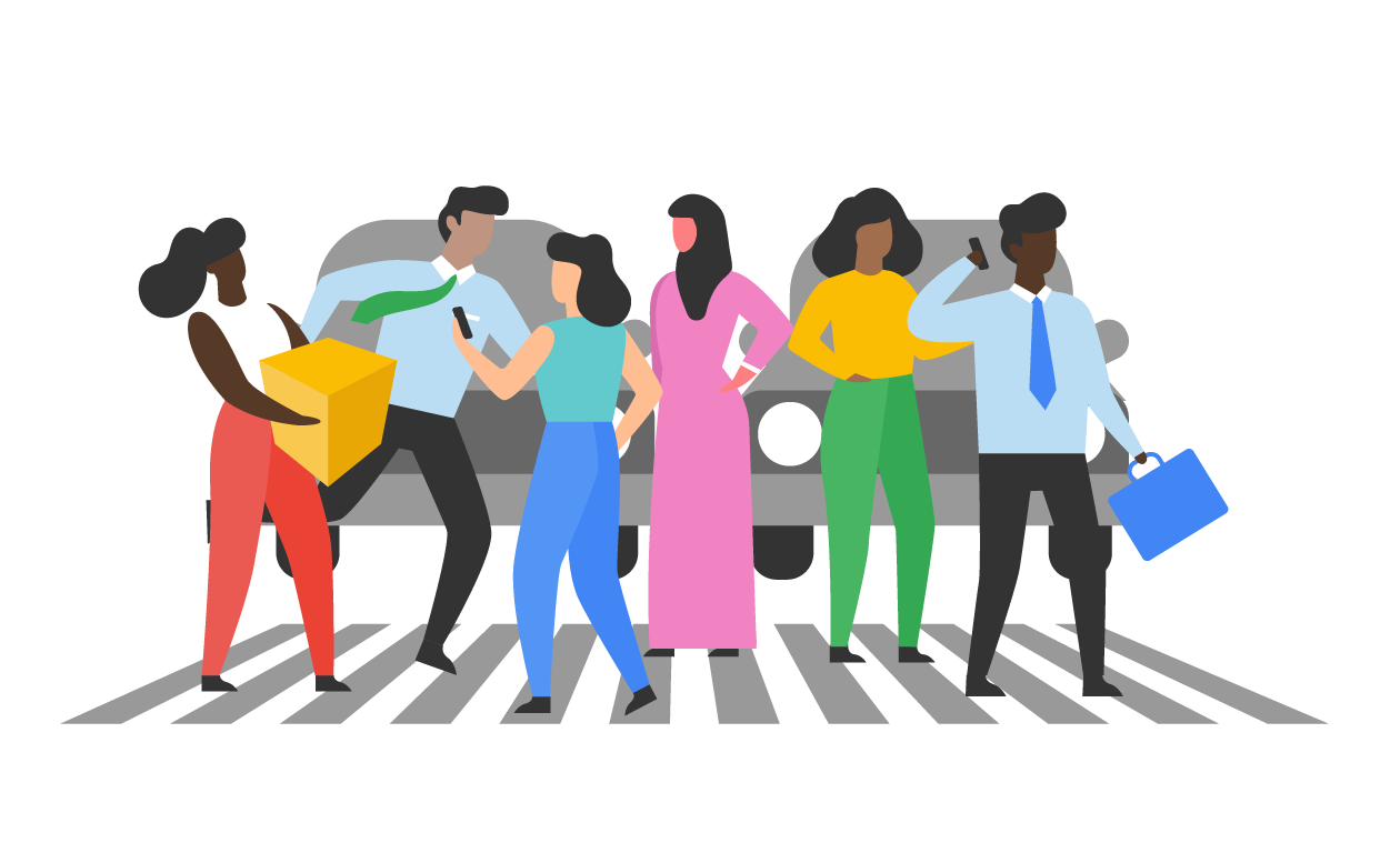 Cars and pedestrians cross or waiting at a busy intersection.