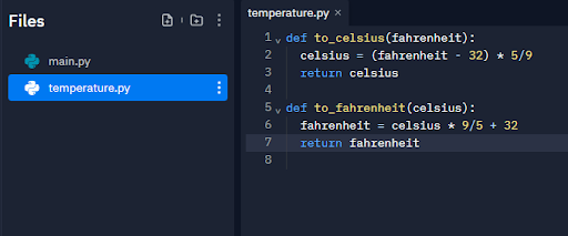Replit screenshot with temperature.py with the temperature functions in the editor panel.