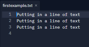 Replit screenshot of firstexample.txt file with multiple strings.