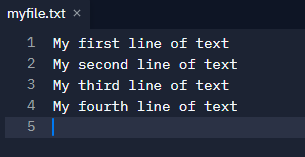 Replit screenshot of myfile.txt file with multiple strings.