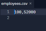 Replit screenshot of employees.csv with 100,52000 as a string.