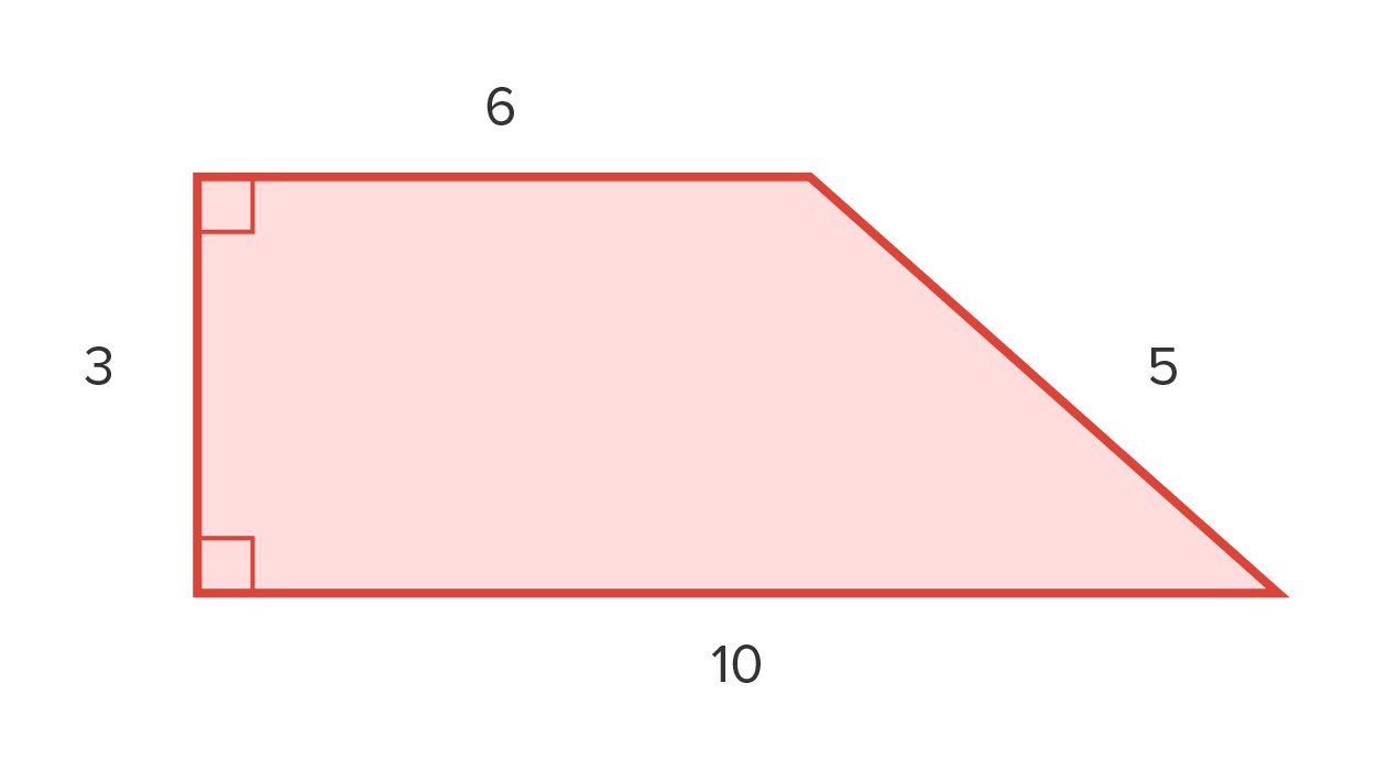 A trapezoid with horizontal sides labeled ‘6’ and ‘10’ represents parallel bases: the vertical side labeled ‘3’, representing height, and the slanted side labeled ‘5’. Two small squares at the intersections of the vertical side with the horizontal sides represent right angles. The area of the trapezoid is shaded.