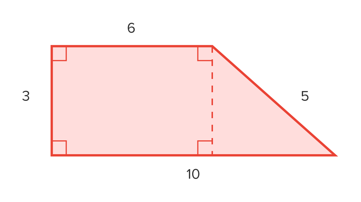 A trapezoid with horizontal sides labeled ‘6’ and ‘10’ represents parallel bases: the vertical side labeled ‘3’, representing height, and the slanted side labeled ‘5’. A dashed vertical line extends from the end of the shorter base to the corresponding point on the longer base, forming a right-angled triangle with the slanted line. The right angles between the vertical and horizontal sides are represented by two small squares. Additionally, the right angles between the horizontal sides and the dashed line are represented by two small squares. The area of the trapezoid is shaded.