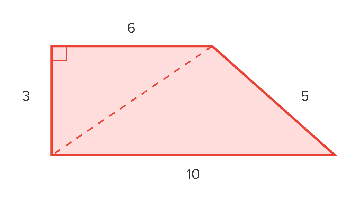 A trapezoid with horizontal sides labeled ‘6’ and ‘10’ represents parallel bases: the vertical side labeled ‘3’, representing height, and the slanted side labeled ‘5’. The right angle between the vertical side and the horizontal side labeled ‘6’ is represented by a small square. A dashed line runs diagonally from the vertex where the vertical side labeled ‘3’ meets the horizontal side labeled ‘10’ to the vertex where the horizontal side labeled ‘6’ meets the slanted line labeled ‘5’. The area of the trapezoid is shaded.