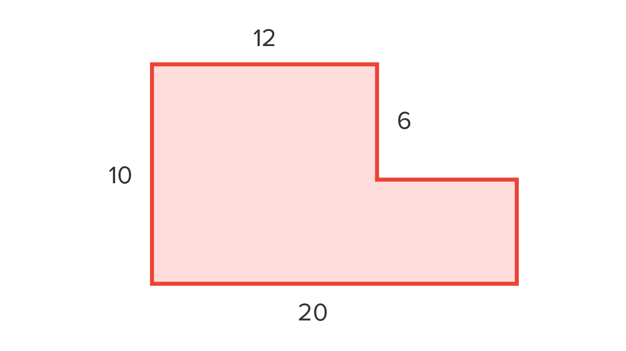 A composite ‘L-shaped’ polygon that looks like a smaller rectangle on top of a longer rectangle, leaving a gap in the top right. The left vertical side is labeled ‘10’, and the top horizontal side is labeled ‘12’. The right vertical side is labeled ‘6’, and the bottom horizontal side is labeled ‘20’. The shape can be divided into two rectangles.