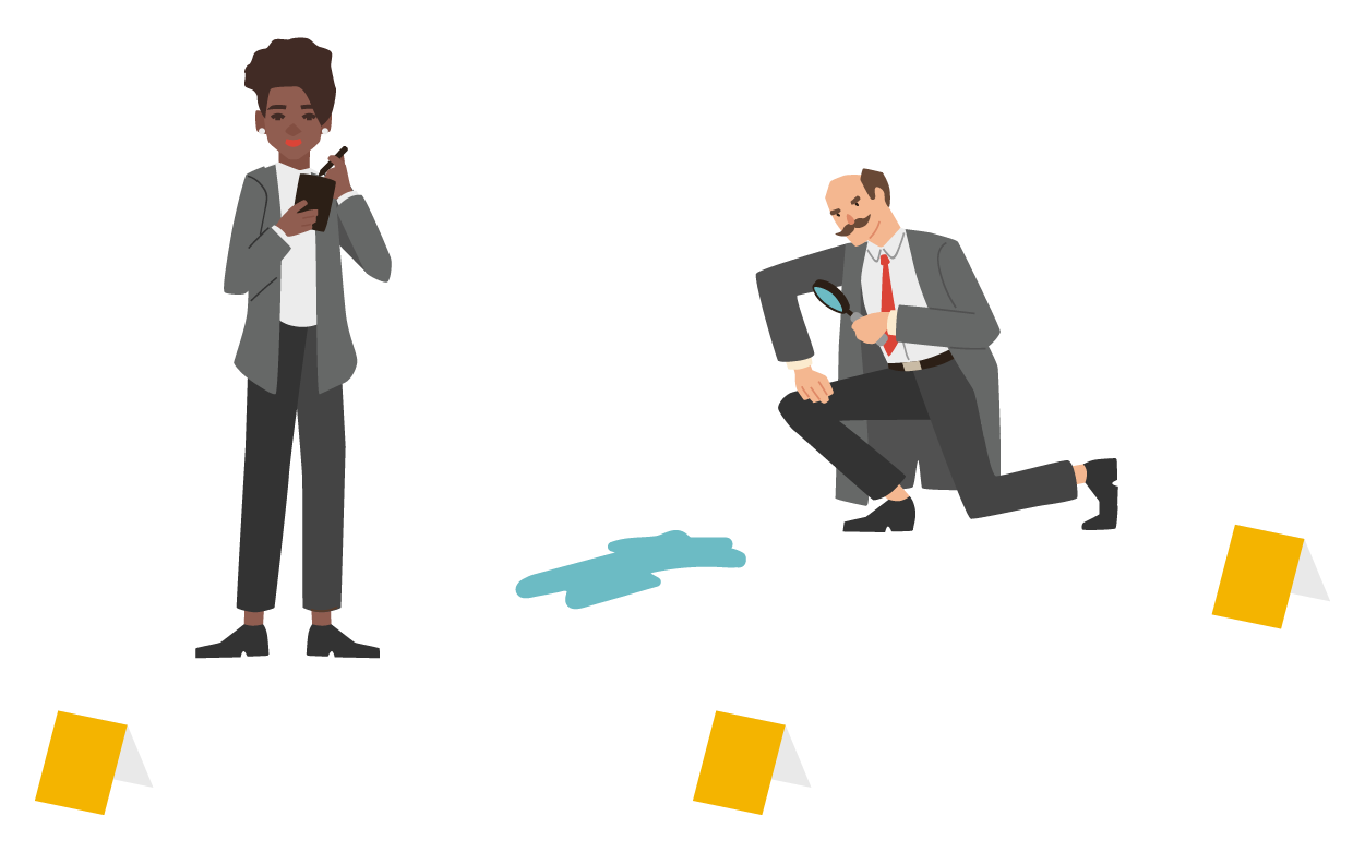 Two detectives examine a crime scene, they observe that there are stains revealed by luminol that may or may not be evidence.