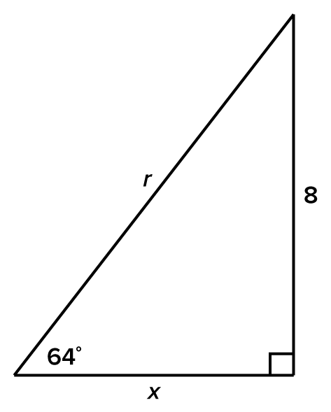 A right-angled triangle with base labeled ‘x’, the height labeled ‘8’, and the hypotenuse labeled ‘r’. The right angle between the base and height is represented by a small square. The angle between the hypotenuse and the base is labeled ‘64 degrees’.