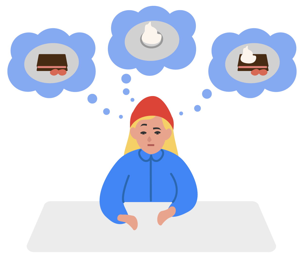 A woman contemplating her options: a piece of cake on a plate, a scoop of ice cream in a bowl, or a plate with a piece of cake.