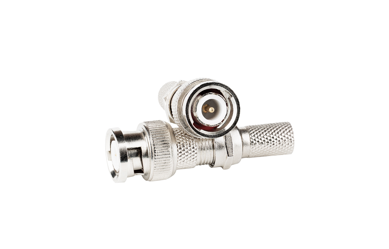 Two metal BNC connectors. The connectors feature a knurled texture on their bodies, providing a secure grip for users. Additionally, the connectors’ ends are threaded, enabling them to be screwed onto other devices or cables.