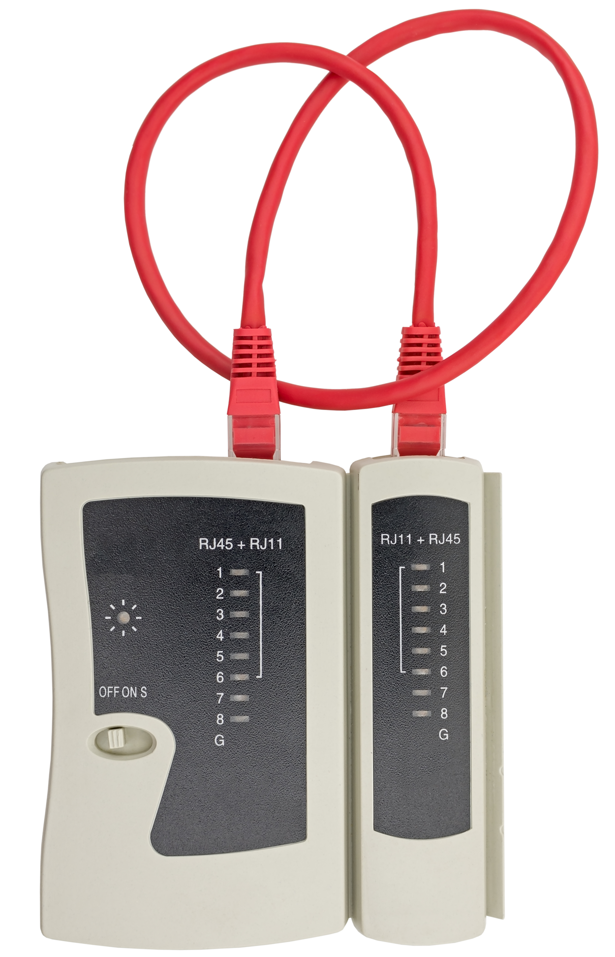 A cable tester consisting of two handheld units: a larger unit and a smaller unit. Both units are connected by an Ethernet cable. The larger unit is labeled ‘RJ45 + RJ11’; it has a power switch labeled ‘OFF ON S’ and numbered L E D indicators (1 through 8) plus the letter ‘G’ below the number 8 arranged vertically on one side. The smaller unit has the same L E D indicators as the larger unit, including ‘G’, and is labeled ‘RJ11 + RJ45.’ A bracket symbol alongside the L E D’s spans from Indicators 1 to 6 on both units.