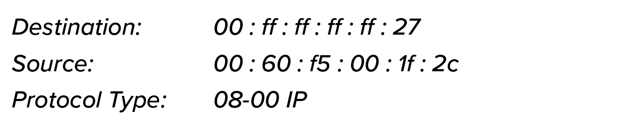An Ethernet frame header information with the following fields: Destination: 00: ff: ff: ff: ff: 27, Source: 00: 60: f5: 00: 1f: 2c, Protocol Type: 08-00 IP