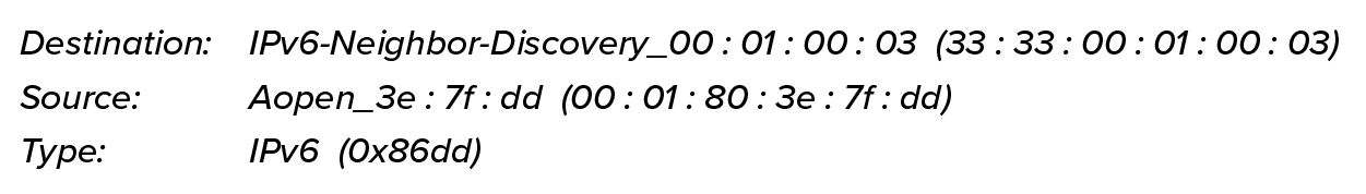 An Ethernet II frame for IPv6 data with the following fields: Destination: IPv6-Neighbor-Discovery_00: 01: 00: 03 (33: 33: 00: 01: 00: 03), Source: Aopen_3e: 7f: dd (00: 01: 80: 3e: 7f: dd), Type: IPv6 (0x86dd)