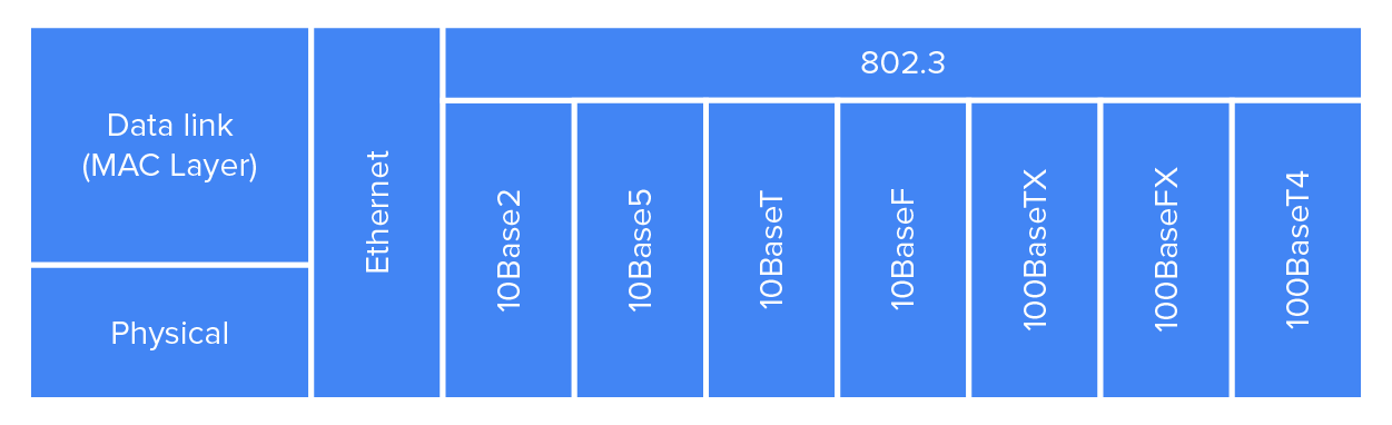 An I E E E 802.3 and original Ethernet physical layer specifications. On the left, two stacked boxes represent the layers: the top box is Data Link (MAC Layer), and the bottom box is Physical. In the middle, a column labeled ‘Ethernet’ spans both the Data link layer and the Physical layer. On the right, several narrower vertical boxes list specific Ethernet physical media standards horizontally under ‘802.3’ from left to right: 10Base2, 10Base5, 10BaseT, 10BaseF, 100BaseTX, 100BaseFX, and 100BaseT4.