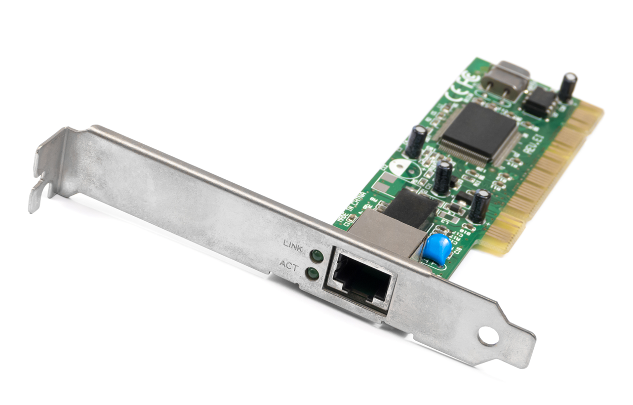 A network interface card (N I C) with a metal mounting bracket on one side and a circuit board on the other. The bracket includes one RJ 45 Ethernet port, and two L E D’s labeled ‘LINK’ and ‘ACT’. The board has gold plated edge fingers at the bottom for plugging into a motherboard slot, along with various capacitors, resistors, and a main controller chip mounted on its surface.