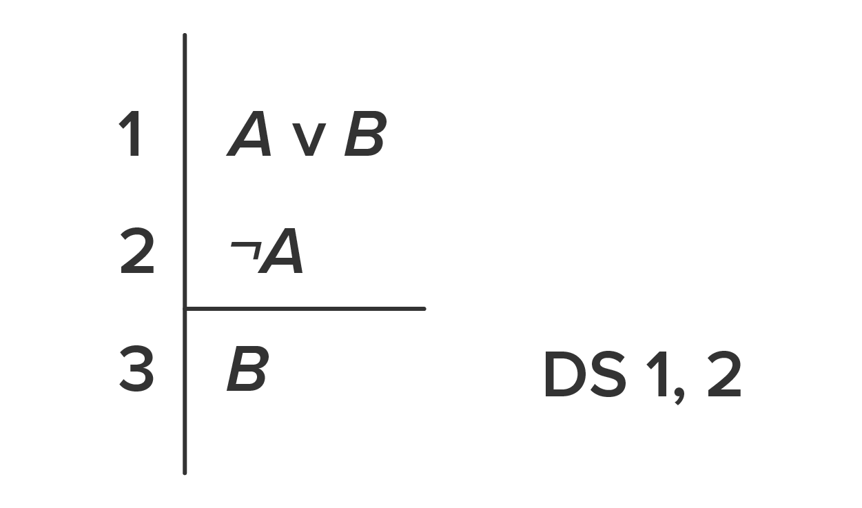 A logical argument that reads: 1. A ∨ B; 2. ¬A; horizontal line; 3. B. There is a vertical line between the numbers and the statements, and the symbols DS 1,2 to the right of 3. B.